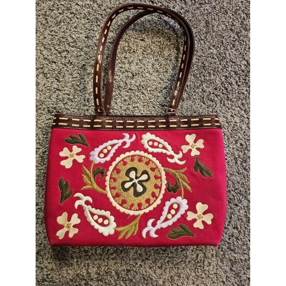 Susan Lucci Vintage Red Embroidered Floral Paisley Canvas Shoulder Bag Tote